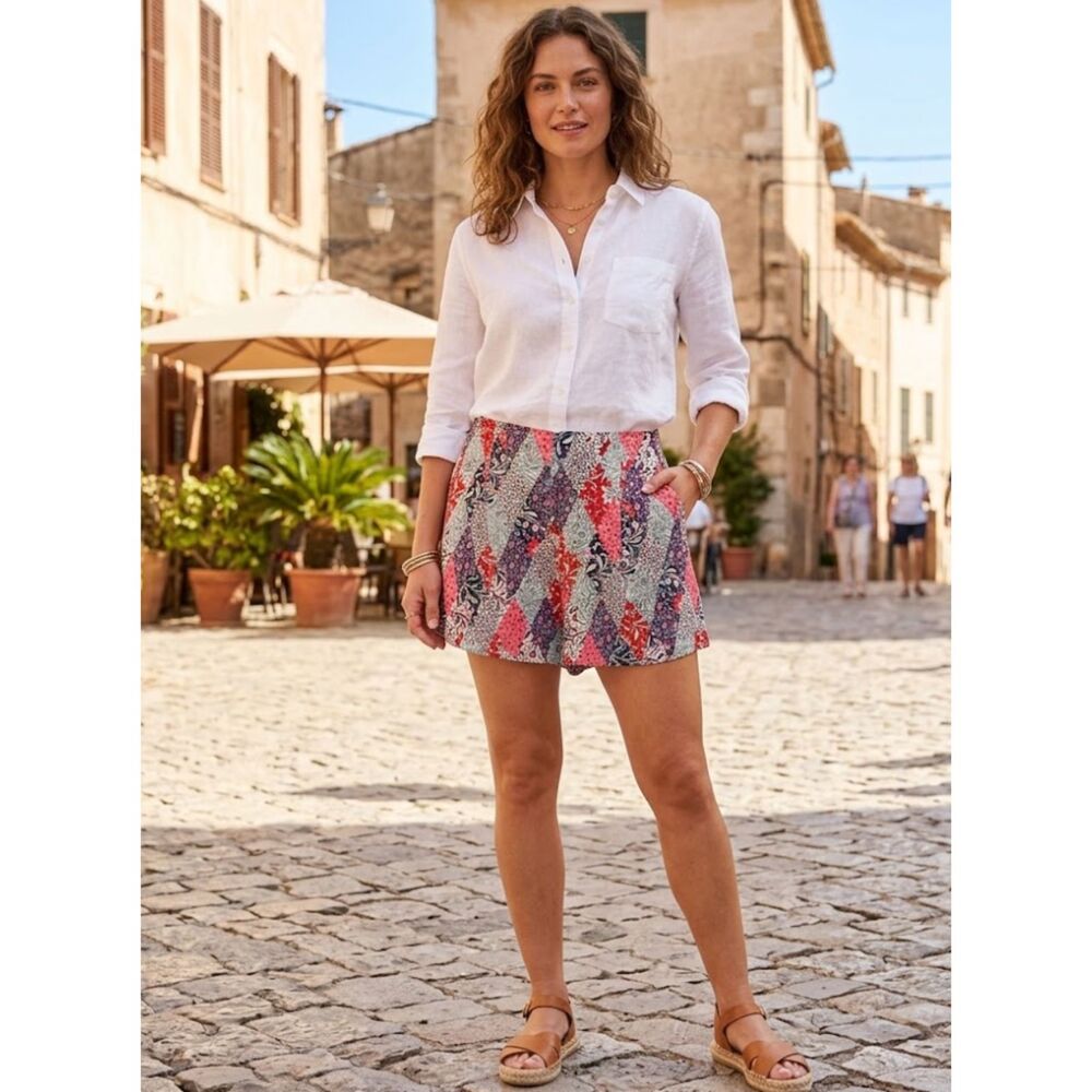 New LOFT Linen Blend Pull On High Waist Shorts Patchwork Women's Size Medium